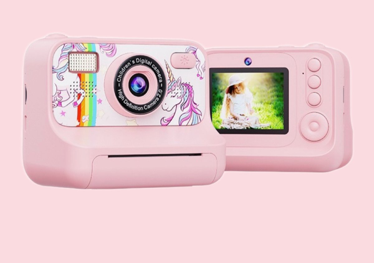   - Kindercamera met Printer - 32GB & 5 Fotopapierrollen | Direct Printen zonder Inkt | Unicorn - Roze
